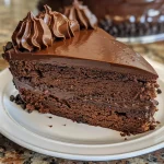 A close-up side view of a moist Chocolate Mocha Cream Filled Cake with rich chocolate layers.