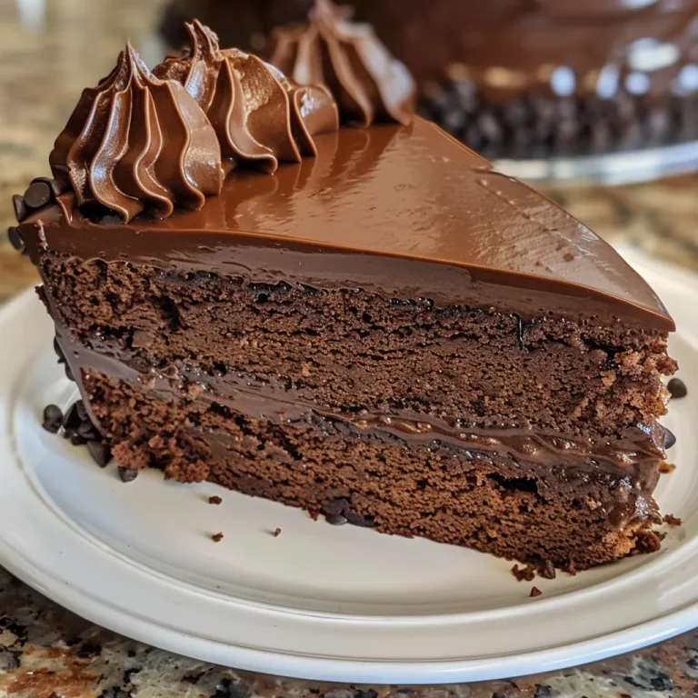 A close-up side view of a moist Chocolate Mocha Cream Filled Cake with rich chocolate layers.