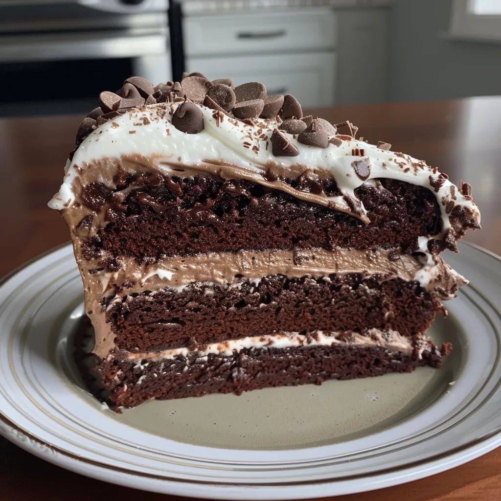 Detailed side view of a decadent chocolate cake filled with mocha cream, showcasing its layers.