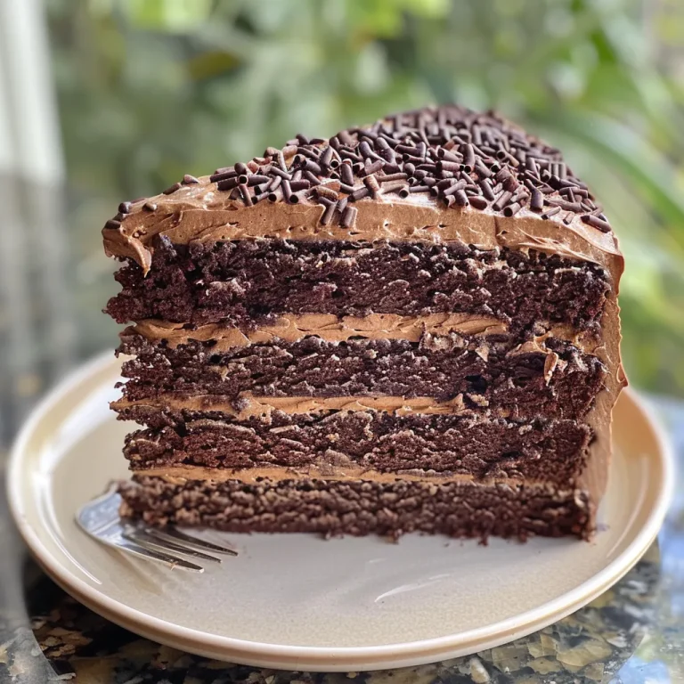 Indulge in Simplicity The Ultimate Chocolate Mocha Layer Cake Recipe Close-up side view of a rich chocolate mocha layer cake with visible cocoa layers and creamy frosting.