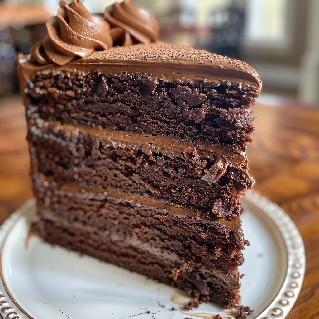 Decadent chocolate mocha layer cake displayed with glossy frosting and a moist texture, captured in detail.
