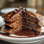 Close-up view of chocolate oat pancakes stacked on a plate, glistening with syrup.