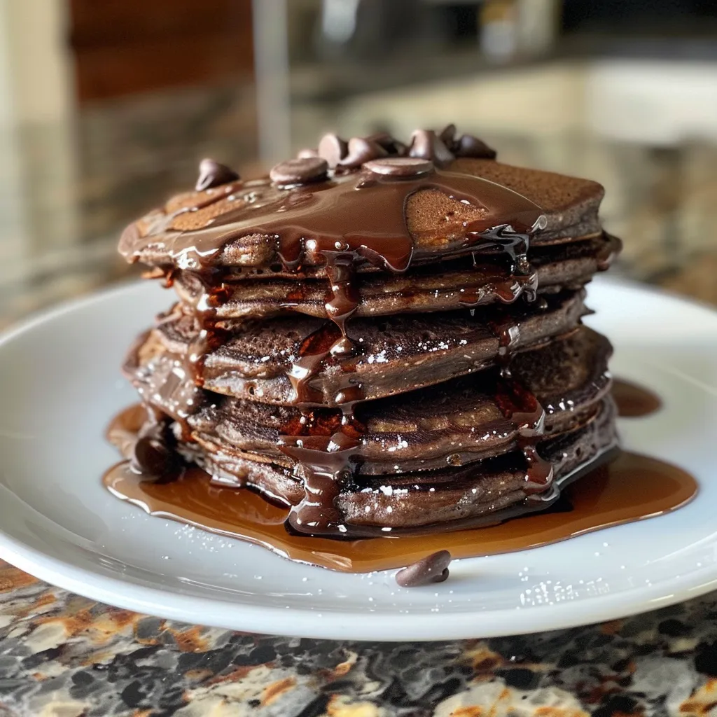 Delicious chocolate oat pancakes with melted chocolate chips, served with a fork beside them.