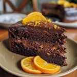 Close-up view of a moist Chocolate Orange Cake with orange slices on top.