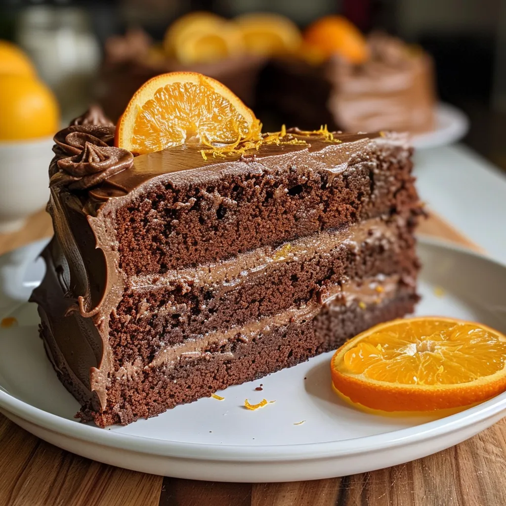 Side angle shot of a decadent Chocolate Orange Cake decorated with vibrant orange zest.