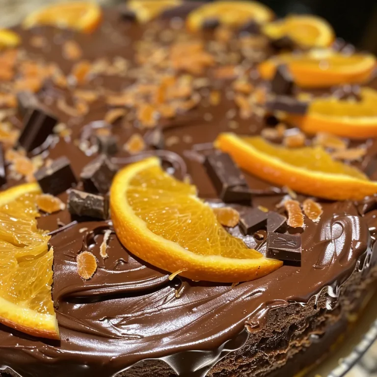 Close-up of a decadent Chocolate Orange Delight with chocolate curls and candied orange slices.