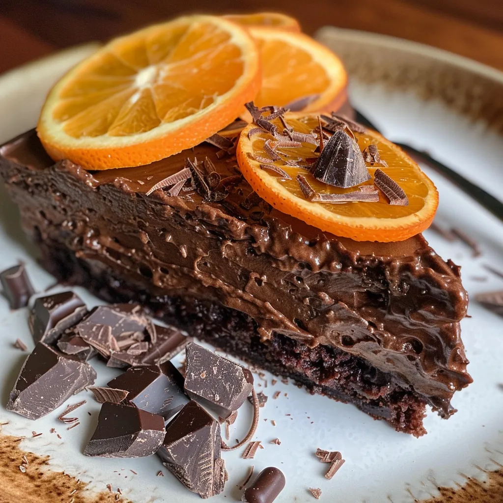 Side view of a moist Chocolate Orange Delight sprinkled with dark chocolate and topped with orange curd.