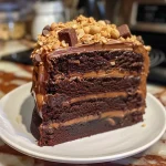 Close-up side view of a luscious Chocolate Peanut Butter Cake with layers and frosting.