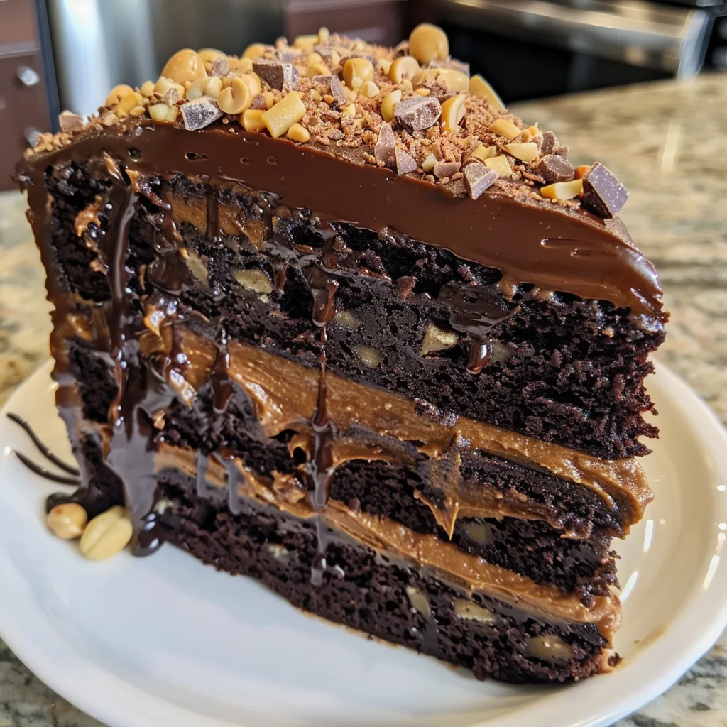A moist Chocolate Peanut Butter Cake showing rich chocolate layers and creamy frosting.