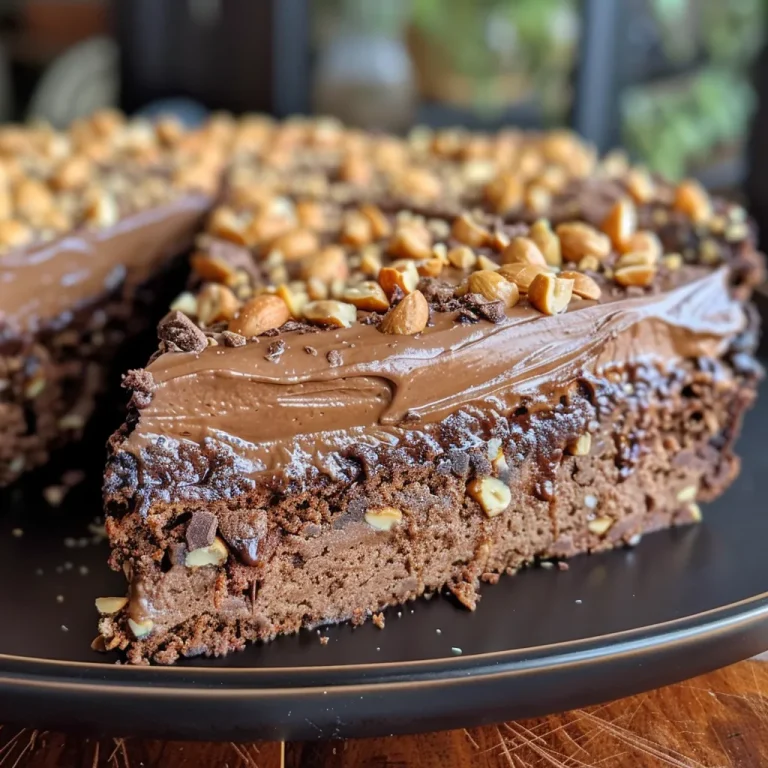 Side view of a moist chocolate peanut cake topped with melted chocolate and chopped peanuts.