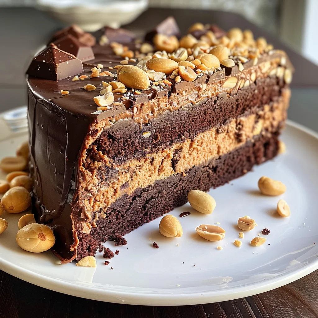 A close-up of a decadent chocolate peanut cake with layers and a glossy chocolate finish.