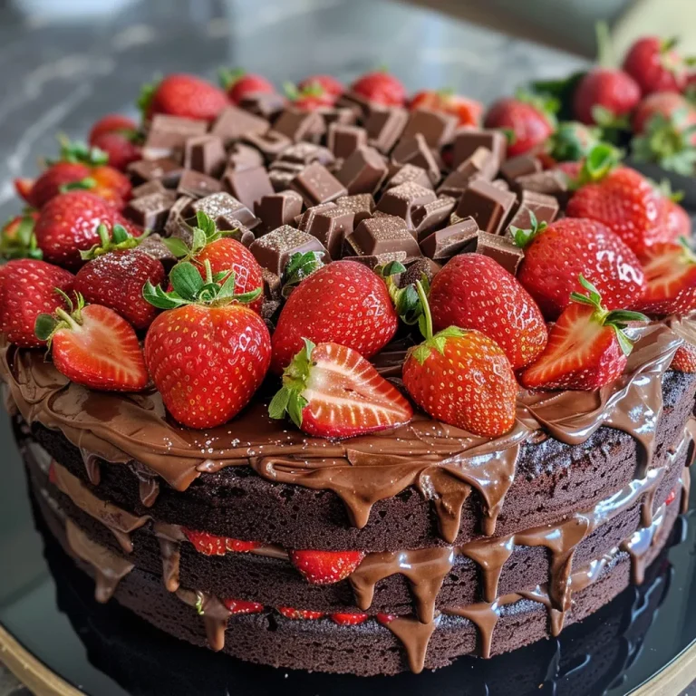 Decadent Chocolate Strawberry Cake A Simple Slice of Heaven Close-up of a Chocolate Strawberry Cake with sliced strawberries on top.