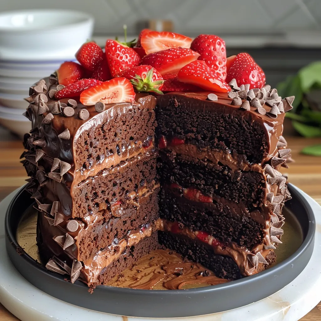 Side view of a moist Chocolate Strawberry Cake showcasing chocolate ganache and fresh strawberries.