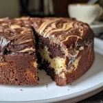 Close-up view of a sliced chocolate vanilla marble cake with swirls of chocolate and vanilla batter.