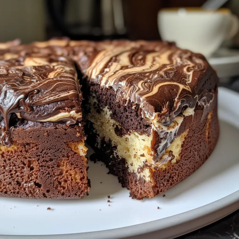Close-up view of a sliced chocolate vanilla marble cake with swirls of chocolate and vanilla batter.