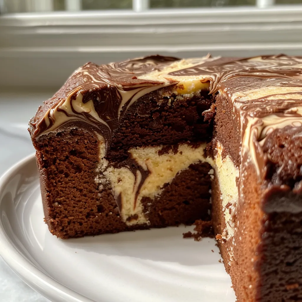 Side view of a moist chocolate vanilla marble cake showing its intricate layers and texture.