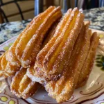 A close-up view of crispy churro sticks, showcasing a golden-brown exterior.