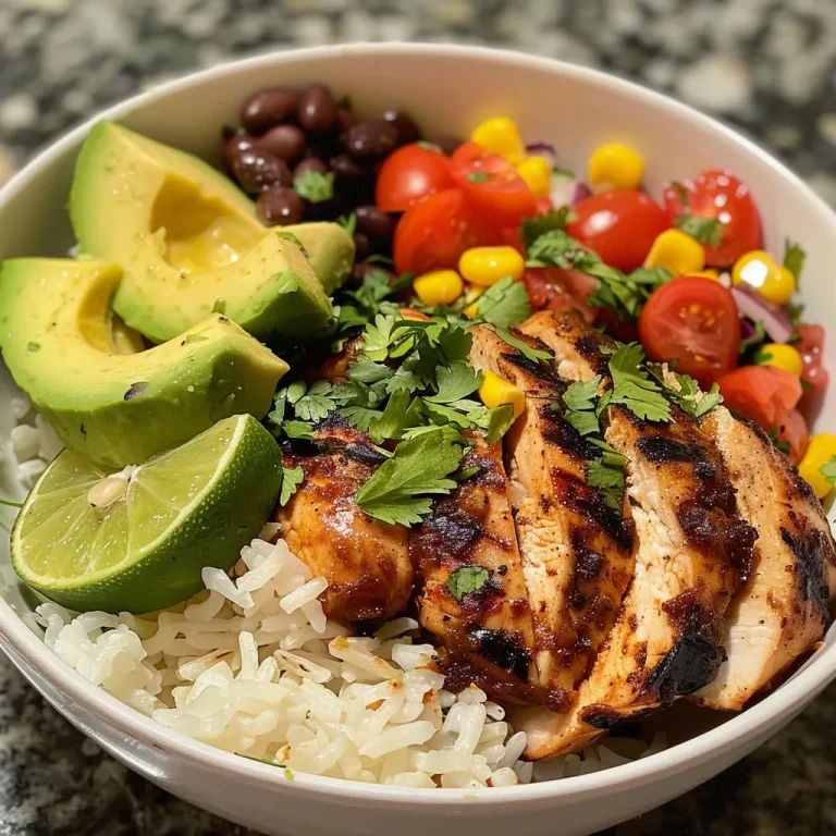 Close-up view of a vibrant Cilantro-Lime Chicken Bowl topped with peach salsa.