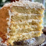 A close-up view of a moist Coconut Cream Cake, showcasing its fluffy texture and coconut topping.