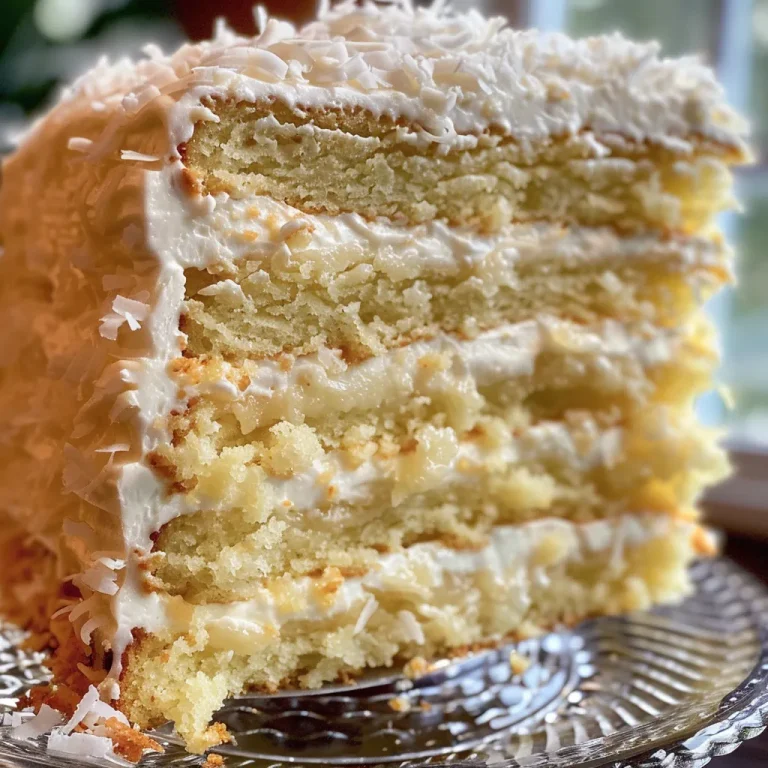 Indulge in Bliss A Simple Coconut Cream Cake That Will Wow Your Taste Buds A close-up view of a moist Coconut Cream Cake, showcasing its fluffy texture and coconut topping.