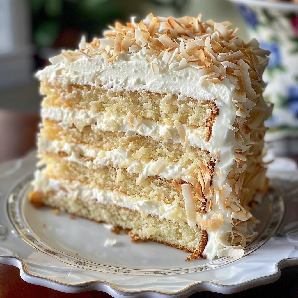 Side view of a Coconut Cream Cake, highlighting the creamy layers and shredded coconut on top.