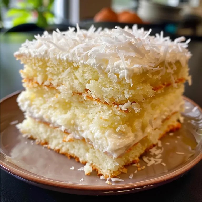 Close-up view of a Coconut Custard Cake with creamy frosting and shredded coconut on top.