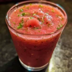 Close-up of a Coconut Watermelon Smoothie in a glass, vibrant pink with a creamy texture.