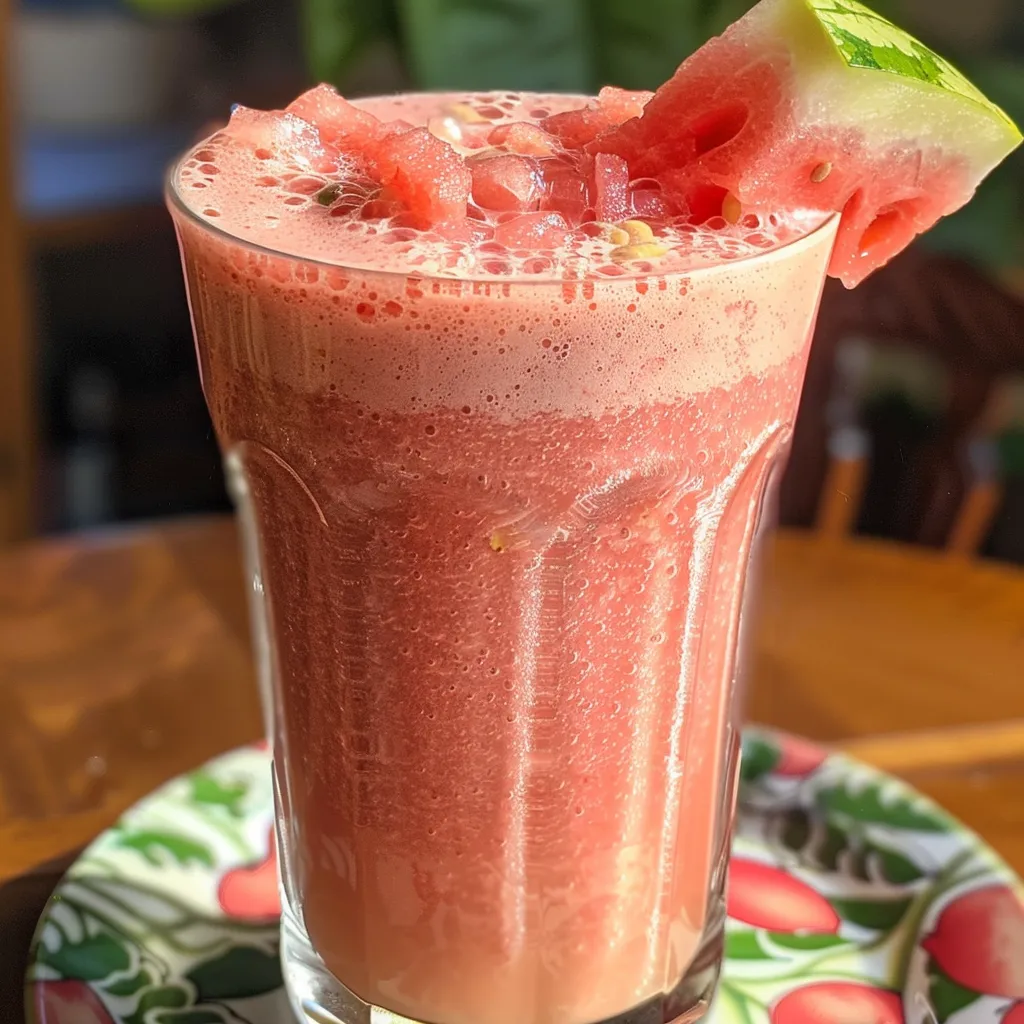 Side view of a Coconut Watermelon Smoothie, showcasing its pink hue and coconut milk swirl.