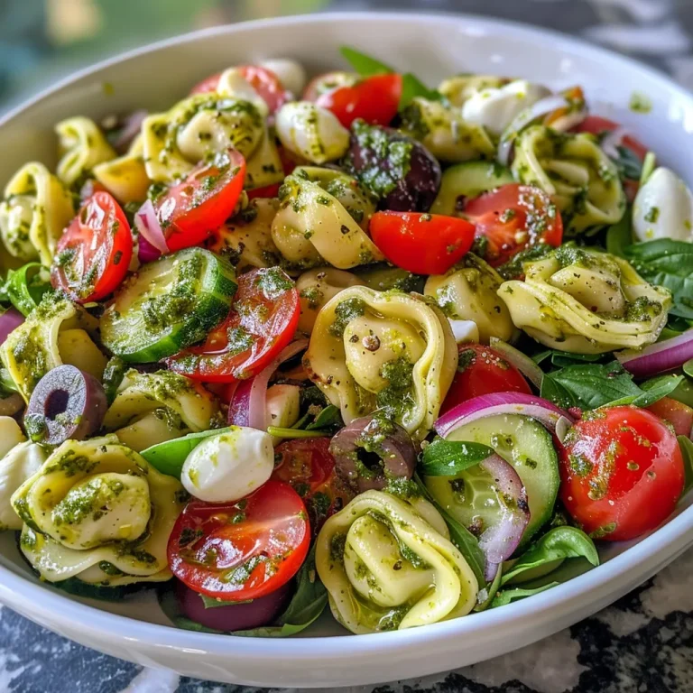 Fresh Flavorful Your Go-To Cold Tortellini Pesto Salad Close-up view of a colorful Cold Tortellini Pesto Salad with cheese tortellini, cherry tomatoes, cucumbers, and mozzarella pearls.