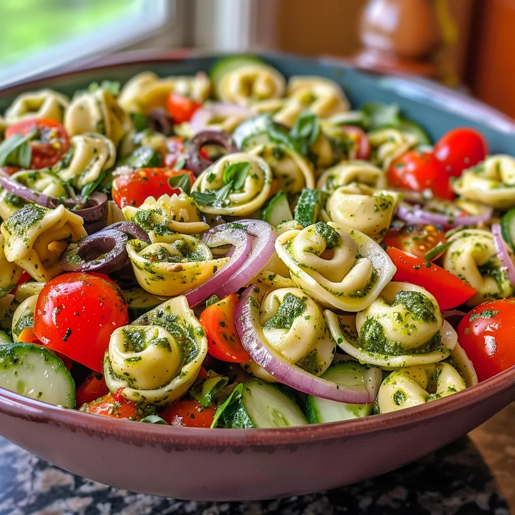 A vibrant salad featuring tortellini, fresh vegetables, pesto, and mozzarella arranged in a bowl.