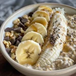 Close-up view of cottage cheese banana bread overnight oats in a clear glass jar.