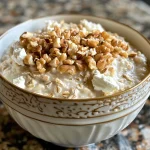 Close-up view of cottage cheese oatmeal in a bowl, topped with ingredients.