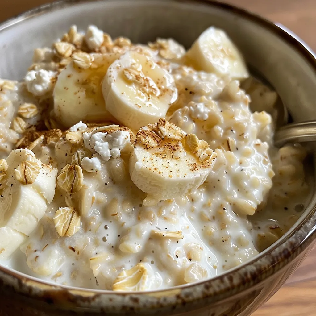 Side angle shot of creamy cottage cheese oatmeal served in a white bowl.