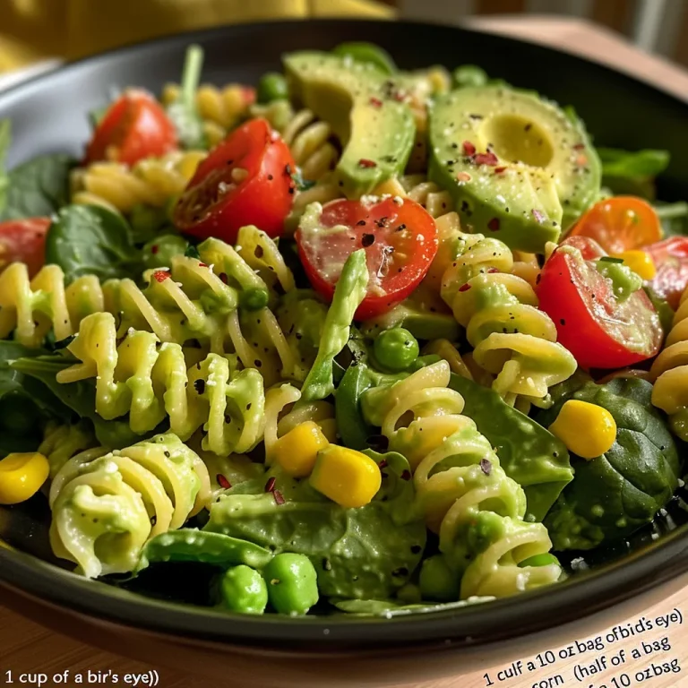 Creamy avocado pasta salad featuring rotini pasta, fresh spinach, and vibrant baby tomatoes.