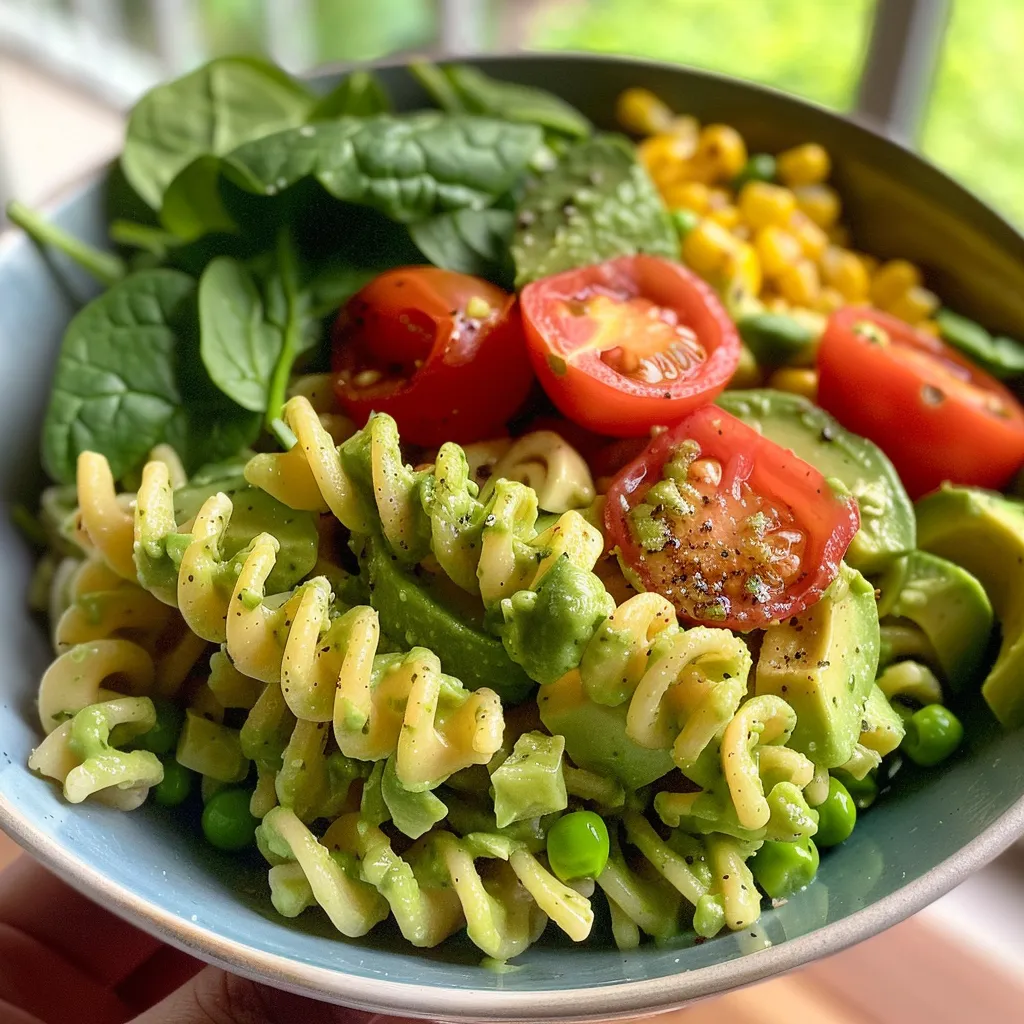 Close-up view of a colorful creamy avocado pasta salad with peas and corn mixed in.