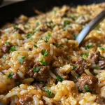 Close-up of a creamy beef and rice skillet with melted cheese and herbs.