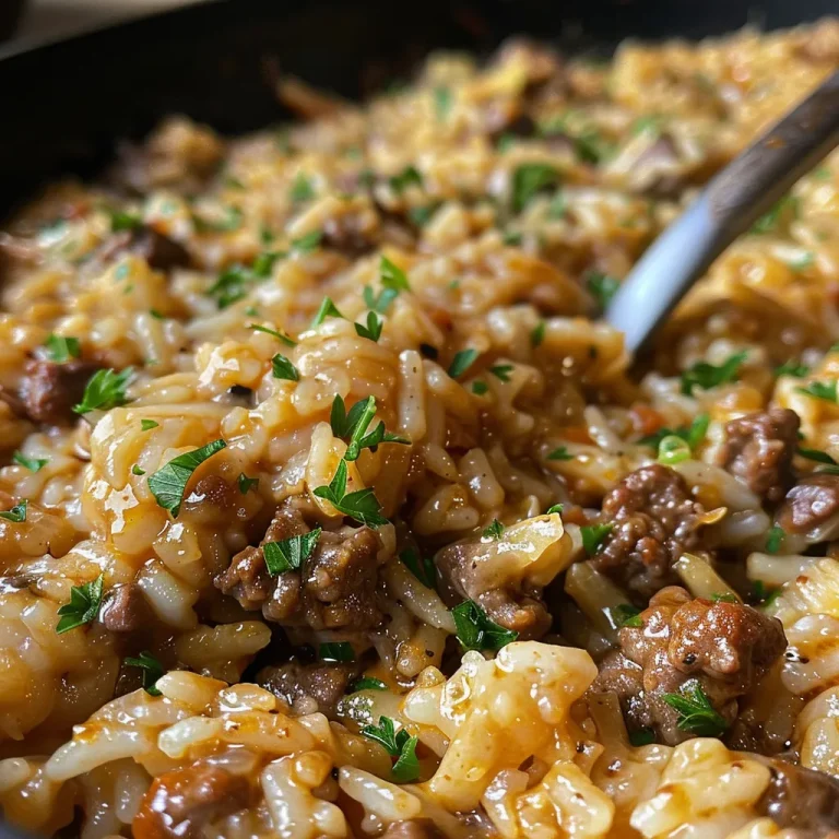 Close-up of a creamy beef and rice skillet with melted cheese and herbs.