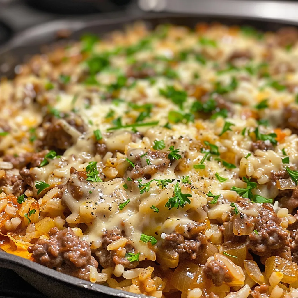 A side view of a delicious beef and rice dish in a skillet, garnished with parsley.
