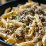 Close-up view of creamy beef pasta, highlighting the texture of penne and sauce.