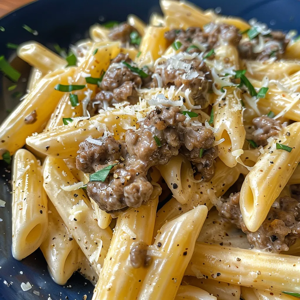 Side view of a bowl filled with beef pasta, showcasing garnished Parmesan cheese.