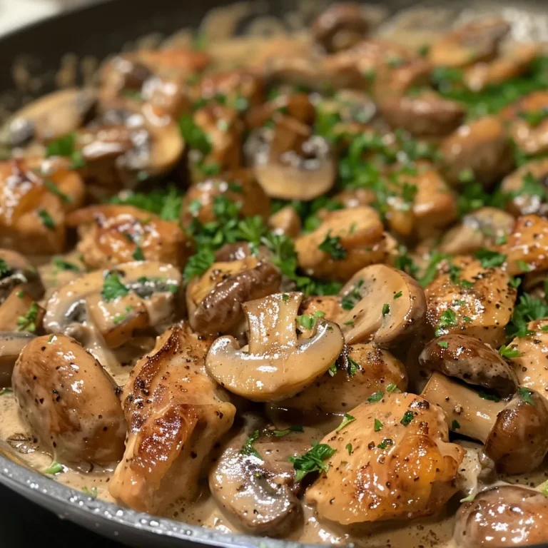 Close-up view of creamy chicken mushroom dish with herbs on top.