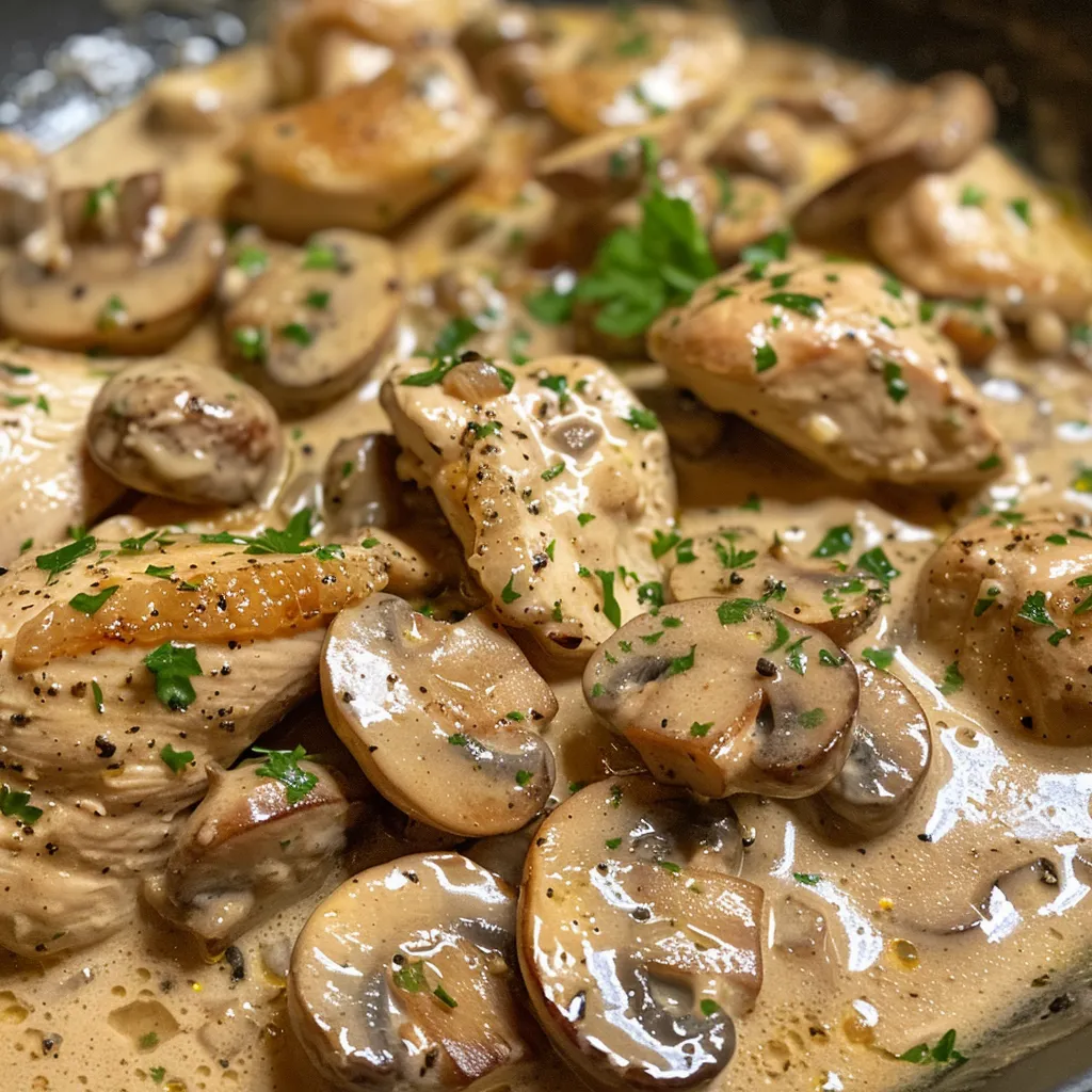 Juicy chicken breast in a creamy mushroom sauce garnished with parsley.