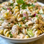 Close-up of a creamy chicken pasta salad with vibrant vegetables.