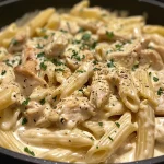 Creamy garlic butter chicken pasta garnished with grated Parmesan cheese.