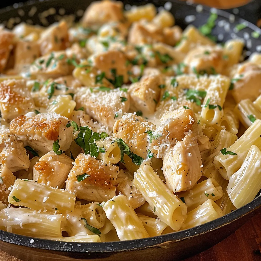 Close-up side view of a bowl of creamy chicken pasta with a rich sauce.