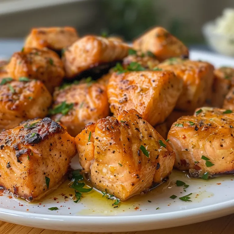 Close-up of golden-brown salmon bites coated in creamy garlic butter, garnished with parsley.
