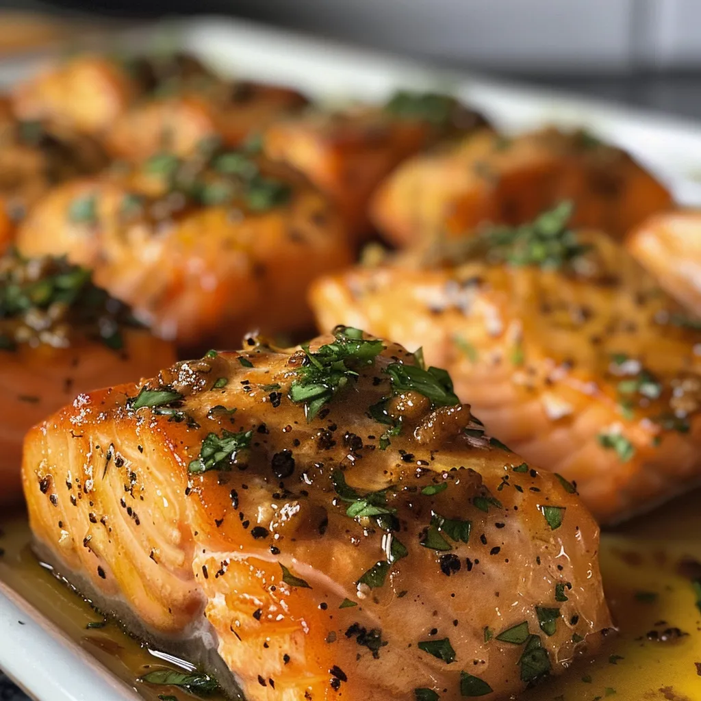 Juicy salmon cubes glistening with garlic butter sauce, served alongside a portion of rice.