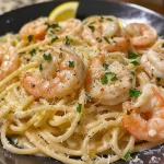 A close-up view of creamy garlic Parmesan shrimp pasta with juicy shrimp and herbs.