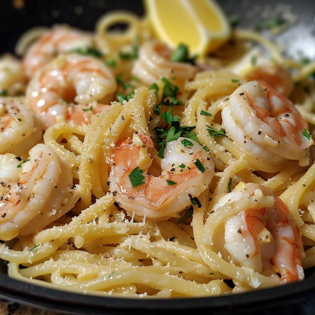 A vibrant plate of pasta featuring shrimp in a creamy garlic sauce, garnished with parsley.