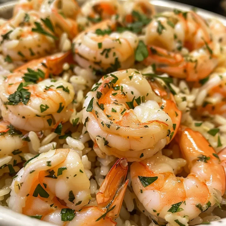 A close-up view of a bowl filled with creamy herb rice topped with garlic butter shrimp.
